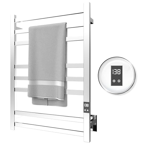 8-Bar Towel Warmer Rack, Polished Stainless Steel | Polished 304 stainless steel, LED display, 115-155°F temp control, 1-24H timer, plug-in or hardwired install - color: Polished