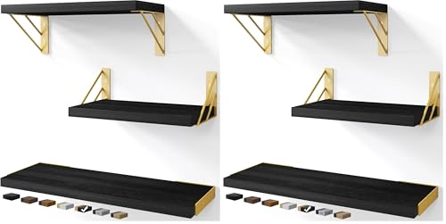 BAYKA Wall Shelves for Bedroom Decor, Floating Shelves for Wall Storage, Wall Mounted Rustic Wood Floating Shelf for Books,Small Wall Shelf for Bathroom,Kitchen,Living Room(Black and Gold，Set of 3 - color: G. Black Board & Gold Brackets, size: 16-inch Mix