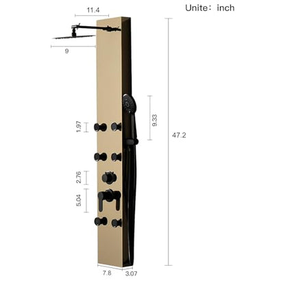 Gold Shower Panel Shower Tower System Adjustable Shower Head Round,Stainless Steel with 6 Body Jets Massage, 3 IN 1 Bathroom Shower Wall Mount, Brushed Gold and Black - color: Gold with Black