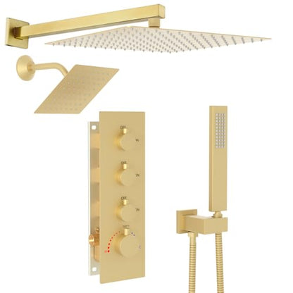 Enga Thermostatic Dual Shower System, 12"+6" Wall Mount Dual Rain Shower Faucet, All Functions Use Together & Volume Adjustable, Brushed Gold - color: Brushed Gold, style: ‎12"+6" Head