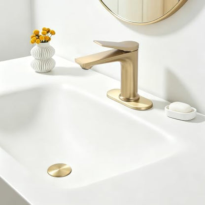 Rbrohant Single Hole Bathroom Faucet, Brushed Gold Single Handle Bathroom Sink Faucets for 1 Hole or 3 Hole, Bathroom Vanity Faucet with Pop up Drain and Cover Plate, Deck Mount, R2001-BGP - color: Brushed Gold, style: With Escutcheon