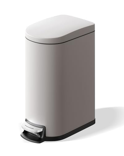 Garvee 2.6 gal / 10 L Metal Bathroom Trash Can with Lid, Slim Waterproof Garbage Can for Bedroom, Small Step-on Trash Bin with Inner Bucket, Rear Handle, Soft Close Lid, Grey - color: Grey, size: 2.6 Gallons