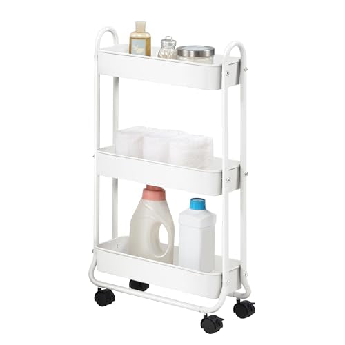 SunnyPoint Slim Rolling Storage Cart, 3 Tier Bathroom Storage Organizer Bathroom, Laundry Utility Cart (White) - color: White
