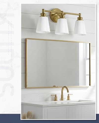 kudos 3-Light Brushed Gold Vanity Light, Milk White Glass Shade | 19" bathroom light fixtures over mirror, upward or downward, E26 base, bulbs not included, Hardwired, KDVL17-GD-ML-3 - size: 3-Light