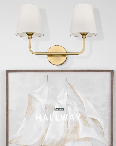 2 Light Bathroom Vanity Light, Brushed Gold Double Wall Sconce with Flared White Fabric Shade, Modern Sconces Wall Lighting for Hallway Bedroom Stairway, VL837-BG | 17" double wall sconce, upward only, E26 base, hardwired, bulbs not included, VL837-BG - c