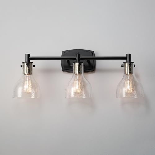 GLOBE Electric 63000062 5-Piece All-in-One Bathroom Set, Matte Black & Brass, 3-Light Vanity Light, Seeded Glass, Towel Bar, Toilet Paper Holder, Towel Ring, Robe Hook, Bathroom Lights Over Mirror - color: Matte Black, Bailey (5-Piece)