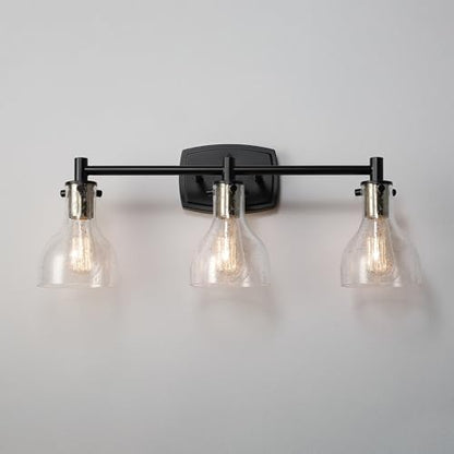 GLOBE Electric 63000062 5-Piece All-in-One Bathroom Set, Matte Black & Brass, 3-Light Vanity Light, Seeded Glass, Towel Bar, Toilet Paper Holder, Towel Ring, Robe Hook, Bathroom Lights Over Mirror - color: Matte Black, Bailey (5-Piece)