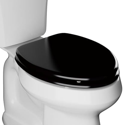 Elongated Slow Close Toilet Seat, Black Wood Toilet Seat Support 400 lbs, Heavy Duty Oval Wood Toilet Lid with Soft Close Chrome Hinges, Grip-Tight Bumpers - Easy to Clean, Quick Assembly - color: Black, size: Elongated Slow Close
