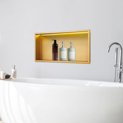 Libsaerty LED Shower Niche with Lights, Waterproof Gold Bathroom Niche Insert, Recessed Wall Shelf for Tile-Free Install, 24x12 Inch Storage for Shampoo, 304 Stainless Steel, 44LbsLoad, Easy Assembly
