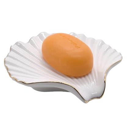 Ceramic Soap Dish Self-Draining Lotus Leaf Soap Holder Soap Saver for Bathroom,Kitchen,Sink,Bathtub(Shell White) - color: Shell White
