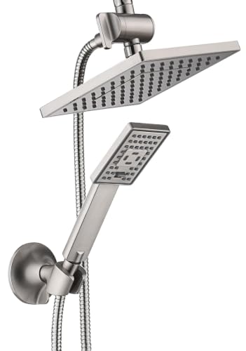 BRIGHT SHOWERS Rain Shower Head with Handheld Spray, 8 Inch Rainfall Shower Head Combo with 60" Hose, Adjustable Dual Square Showerhead Set with 3-Way Diverter, Wall Bracket, Brushed Nickel - color: Brushed Nickel, style: Dual Shower Head