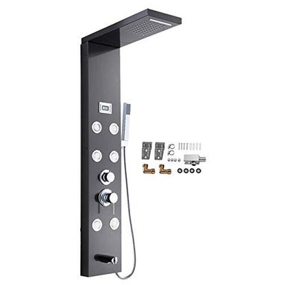 Black Shower Panel System Digital Display Shower Panel Tower Multifunction Stainless Steel Shower System with Rain Shower Head, Handheld Sprayer, Massage Body Jets, Tub Spout