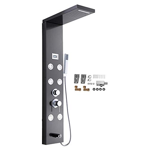 Black Shower Panel System Digital Display Shower Panel Tower Multifunction Stainless Steel Shower System with Rain Shower Head, Handheld Sprayer, Massage Body Jets, Tub Spout