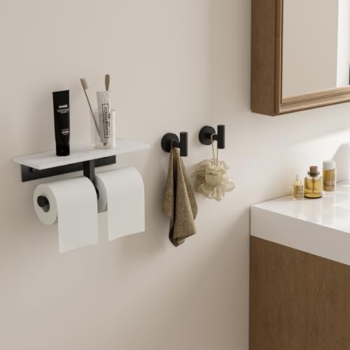 BWE Double Toilet Paper Holder with Shelf Wall Mounted Tissue Roll Holder | Commercial Toilet Paper Dispenser for Bathroom Marble Toilet Paper Storage Holder with Phone Shelf (Matte Black) - color: Double Black