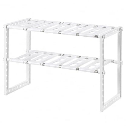 Expandable Under Sink Organizer, 2-Tier, White | Adjustable Cabinet Shelf, PP and Stainless Steel