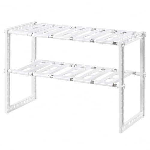 Expandable Under Sink Organizer, 2-Tier, White | Adjustable Cabinet Shelf, PP and Stainless Steel