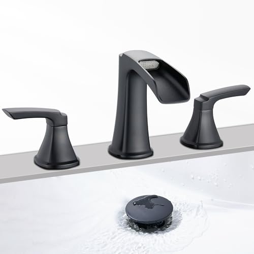 Matte Black Waterfall Bathroom Faucet, Sanliv 3-Piece Widespread Bathroom Sink Faucets, 2-Handle Vanity Faucet for 3-Hole Sinks 4-8 Inch with Pop-Up Drain, ‎Matte Black - color: Matte Black