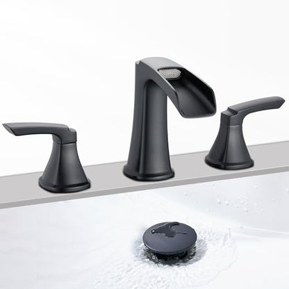 Matte Black Waterfall Bathroom Faucet, Sanliv 3-Piece Widespread Bathroom Sink Faucets, 2-Handle Vanity Faucet for 3-Hole Sinks 4-8 Inch with Pop-Up Drain, ‎Matte Black - color: Matte Black