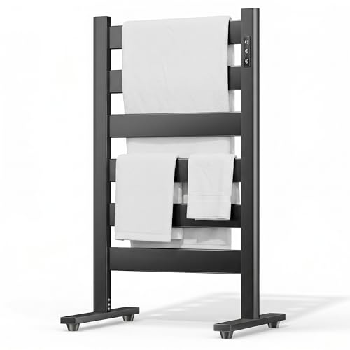 6-Bar Freestanding Heated Towel Warmer with PTC Fast Heating | 170°F Adjustable Temperature, 2-12H Timer & Memory Function, Freestanding Design, Wide Bar Rack for Towels, Matte Black - color: Black