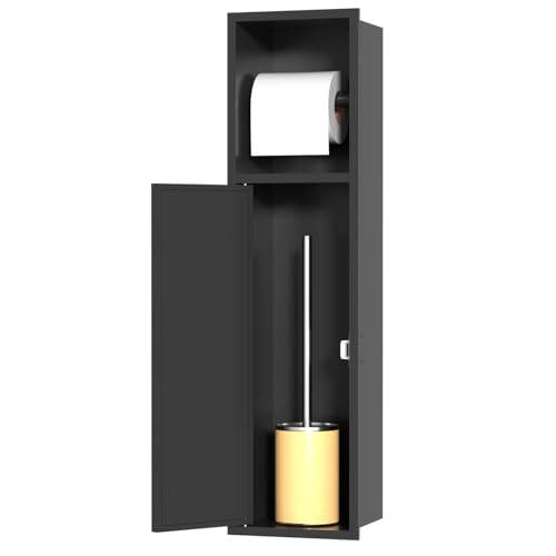 Matte Black Recessed Toilet Paper/Brush Holder, 304 Stainless Steel in Wall Toilet Brush Holder with Dispense and Storage for Bathroom, Wall Insert Tissue Brush Storage Cabinet for Bathroom - color: Matte Black