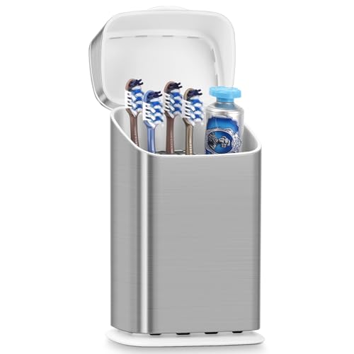 GFWARE Bathroom Toothbrush Holder with Cover, Ventilated & Drainage, Silver | Detachable 5 Slots Bathroom Organizer for Toothbrush and Toothpaste, Waterproof & Dustproof, Fits Toothbrushes Under 7.5 In - color: Silver, size: Regular Toothbrush Length Less