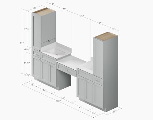 108" Double Sink Bathroom Vanity with Makeup Desk and Dual Linen Storage Towers, 3 Drawers, Carrara Quartz Top and Ceramic Sinks, Solid Wood Frame, 108" x 22" x 72" (Gray) - color: Grey
