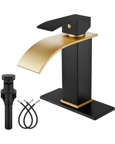 Midanya Waterfall Bathroom Faucet 1 Hole,Brushed Gold Spout/Matte Black | with 24” Hoses,Pop Up Drain,6” Deck Plate,for 1 or 3 Hole Vanity,Lavatory,RV,Single Handle Bathroom Sink Faucet,NSF Certified - color: Gold Spout/Black