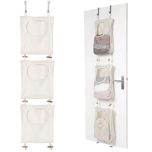 Tranqun 3 Pcs over The Door Hanging Laundry Hamper Mesh Laundry Bag | 65 x 19.7 in Hanging Laundry Bag with Pockets, Hooks, Behind The Door Clothes Organizer, for Bathroom Apartment College Dorm