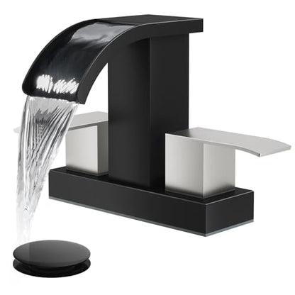 gotonovo Waterfall 4’’ Centerset Bathroom Sink Faucet Black&Brushed Nickel | 2 Handle Bathroom Faucet,SUS304,2 or 3 Hole,2.17’’ Wide Spout,24’’ cUPC Water Line,Pop Up Drain,Vanity,RV,Lavatory Modern Tap - color: Black&Nickel