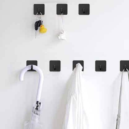 16PCS Bath Towel Hooks, Self Adhesive Hook, Waterproof Self Adhesive Shower Wall Hooks for Bathroom Kitchen Door Window Cabinet, Stainless Steel(Black - Square)