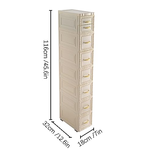7-Tier Waterproof Bathroom Floor Cabinet, Slim 8-Drawer Storage for Small Spaces, Compact Organizer with Wheels