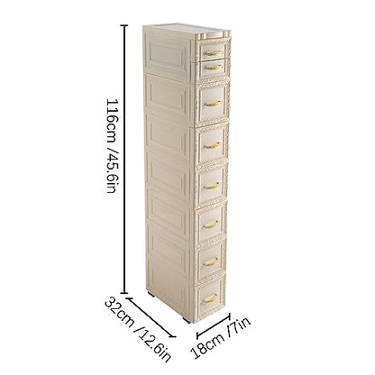 7-Tier Waterproof Bathroom Floor Cabinet, Slim 8-Drawer Storage for Small Spaces, Compact Organizer with Wheels