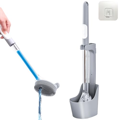 Silicone Toilet Bowl Brush and Holder Set, Bathroom Toilet Bowl Cleaner Brush, refillable Toilet Brush with soap Dispenser
