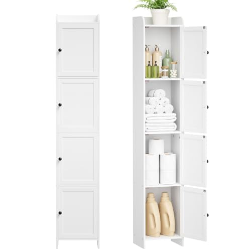 Slim Bathroom Storage Cabinet, Reversible Door Installation | Tall Narrow Storage Cabinet with Door and Shelves, Easy Assembly, 9.8 x 11.8 x 63.4 Inches, for Small Spaces, White