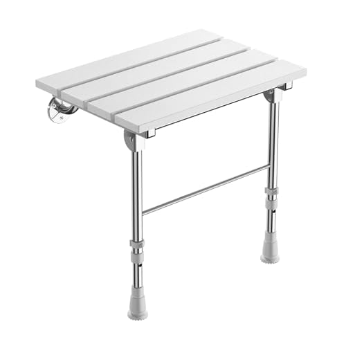 Folding Shower Seat Wall Mounted with Support Legs for Seniors, 350 lbs (White WPC) - color: White Wpc