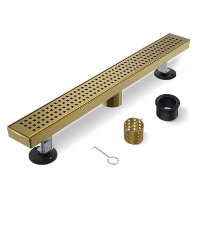 Titanium Gold Shower Drain 32 Inch, Brushed Stainless Linear Drains | 304 Stainless Steel, Linear Shower Drain with Grate Removable,Leveling Feet, for Bathroom, Kitchen, Remodel Shower,Tile Floor - color: Brushed Titanium Gold, size: 32in
