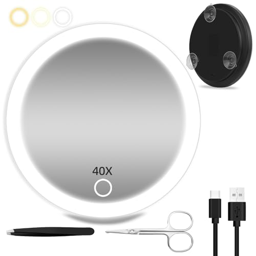 40X Magnifying Mirror with Light, 6inch Compact Travel Size, 3 Color Lights Adjustable Brightness, Rechargeable 40X Makeup Magnification Mirror with 3 Suction Cups - Includes Tweezers & Scissors - color: Black-40x