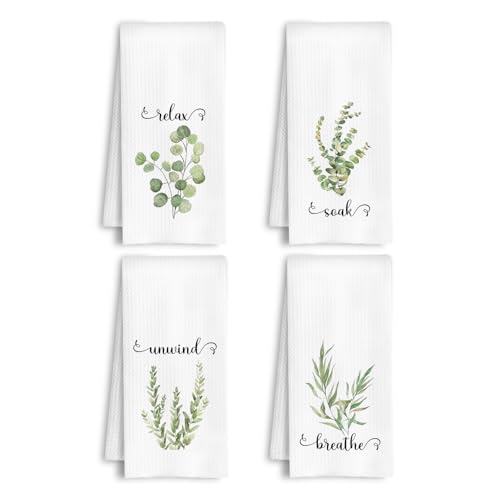 Sage Green Plant Botanical Hand Towels, Relax Soak Unwind Breathe Green Floral Hand Tea Towel for Spa Gym Bathroom Restroom, 16x24 Inch Set of 4 - color: Sage Green Plant Botanical