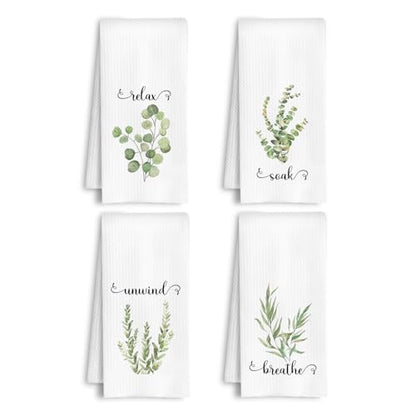 Sage Green Plant Botanical Hand Towels, Relax Soak Unwind Breathe Green Floral Hand Tea Towel for Spa Gym Bathroom Restroom, 16x24 Inch Set of 4 - color: Sage Green Plant Botanical