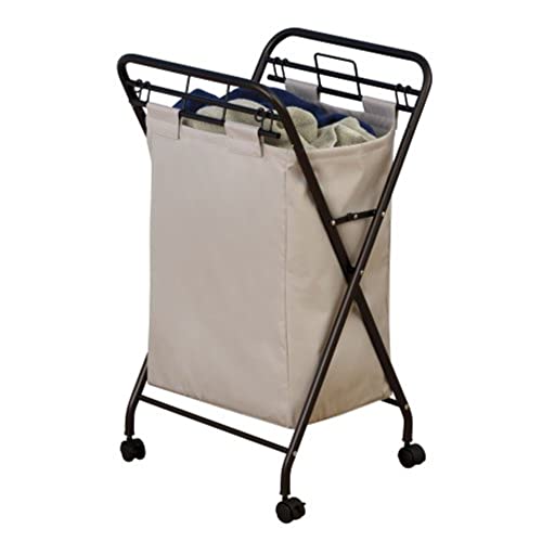 Household Essentials 7172 Rolling Laundry Hamper with Heavy-Duty Canvas Bag | Antique Bronze Frame - color: Natural/Bronze