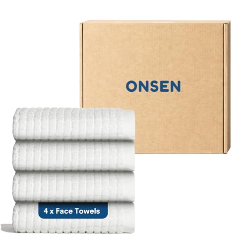 ONSEN Sculpted Terry Face Towels, 100% American Cotton, Quick Dry Lint Free, Lightweight Absorbent Face Towel Set, 12x12 in (White, 4X Face Towel) - color: White, size: 4X Face Towel