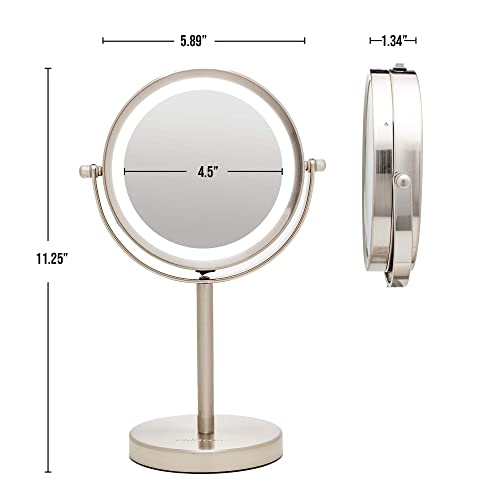 OVENTE Lighted Vanity Mirror 6 Inch Table Top 1X 7X Magnification LED 360 Adjustable Double Sided Spinning Personal Makeup Stand Desk Bathroom Battery Powered Round Large Nickel Brushed MLT60BR1X7X - color: Nickel Brushed, size: 11.3"L x 5.9"W (Pack of 2)