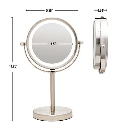 OVENTE Lighted Vanity Mirror 6 Inch Table Top 1X 7X Magnification LED 360 Adjustable Double Sided Spinning Personal Makeup Stand Desk Bathroom Battery Powered Round Large Nickel Brushed MLT60BR1X7X - color: Nickel Brushed, size: 11.3"L x 5.9"W (Pack of 2)