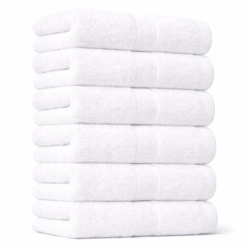 White Hand Towel Pack of 6, 28x16 Inches | Premium 650GSM 100% Ringspun Cotton | Ultra Soft, Thick, Quick-Dry & Highly Absorbent White Hand Towels for Bathroom, Kitchen & Home