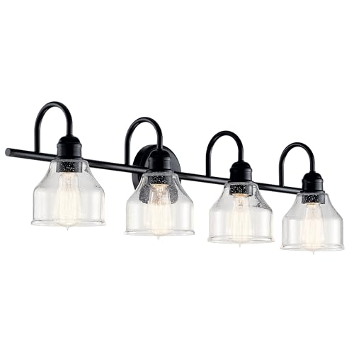 Kichler Avery 33.5" 4 Light Bathroom Vanity Light in Black, Vintage Bathroom Wall Mount Fixture with Clear Seeded Glass, (33.5" W x 9.25" H), 45974BK - color: Black, size: 4-Light