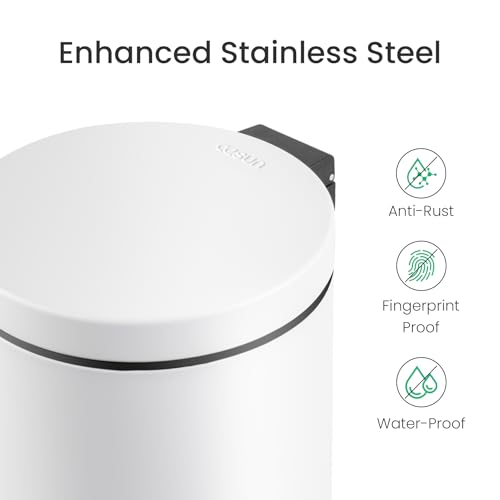 Cesun Small Round Bathroom Trash Can with Lid Soft Close, 1.2 Gal, White | Removable Inner Bucket, Stainless Steel Garbage Can for Bedroom/Office, Hands-Free Step Pedal, Fingerprint-Resistant - color: White
