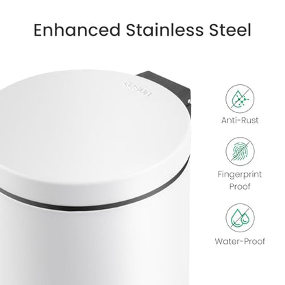 Cesun Small Round Bathroom Trash Can with Lid Soft Close, 1.2 Gal, White | Removable Inner Bucket, Stainless Steel Garbage Can for Bedroom/Office, Hands-Free Step Pedal, Fingerprint-Resistant - color: White