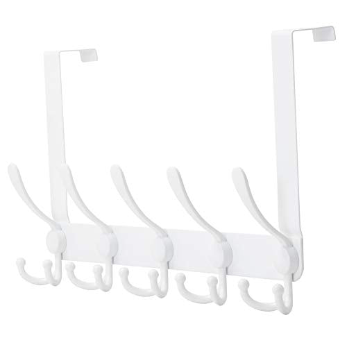 Dseap Over The Door Hook Hanger - Fits 1 3/8" to 1 3/4" Standard Doors | 5 Tri Hooks Heavy Duty Towel/Coat Rack | Door Organizer for Clothes, Jackets, Hats, Towels, White - color: White