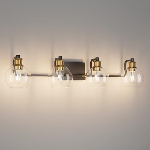 Tipace Industrial Bathroom Vanity Lighting Fixtures 4-Lights Vintage Black & Brass Finish with Globe Clear Glass Vanity Lights Farmhouse Bath Lighting(Exclude Bulb) - color: Black&Gold, size: 4-Light