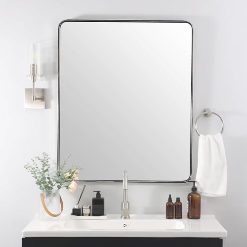 ANDY STAR Chrome Bathroom Mirror, 30x36’’ Rounded Rectangle Mirror Polished Silver Bathroom Vanity Mirror Metal Framed, SUS304-Anti-Rust, Tube Frame, Wall-Mounted Horizontal/Vertical 1’’ Deep - color: Polished Chrome, size: 36"L x 30"W